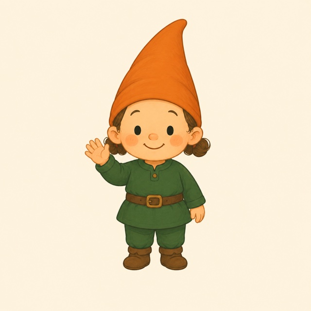 手を振っている、お店のこびとさんのマスコットキャラクター