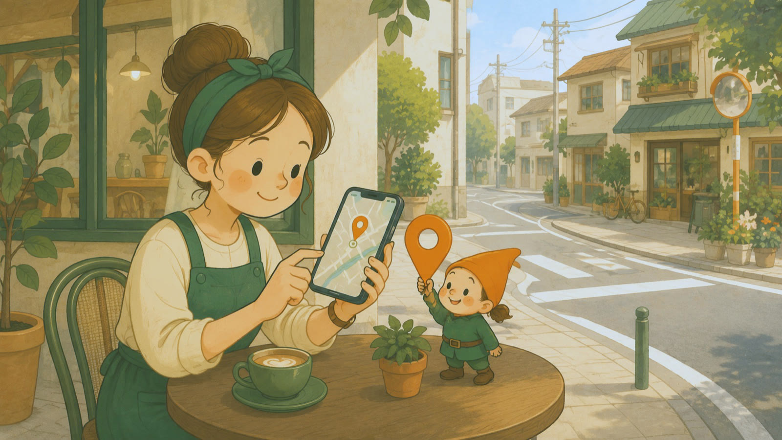 カフェでスマホの地図アプリを見ながらお店を探す女性と、地図ピンを掲げて案内する小さなこびとの絵本風イラスト